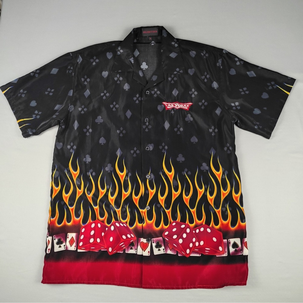 Las Vegas Mens Medium Button Up Shirt Black Red Flames Cards Dice Short Sleeve